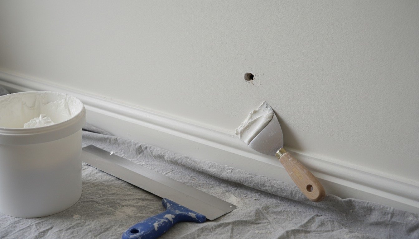 A filling knife loaded with white filler beside an open tub and a taping knife on a plasterboard wall being repaired
