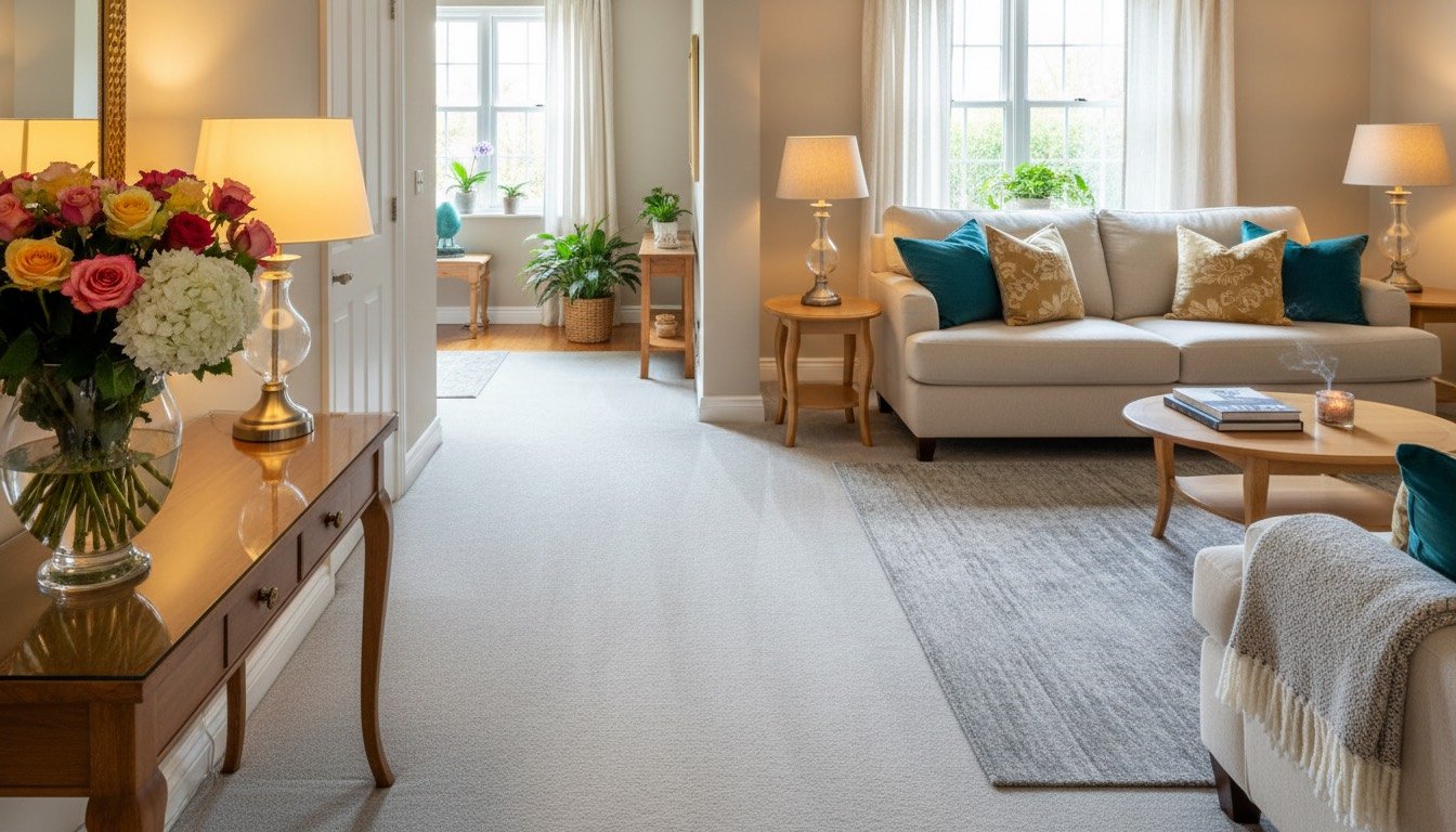 Bright hallway and living room looking guest-ready with fresh flowers on the table
