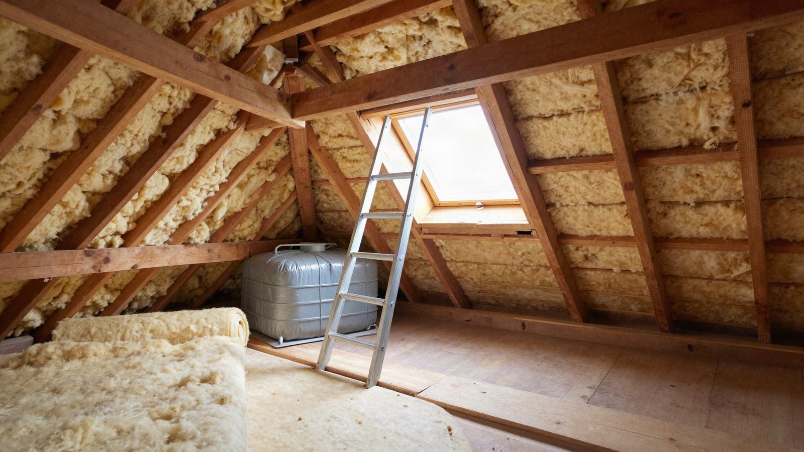 A British loft with exposed timber joists, mineral wool insulation rolls cross-laid over the ceiling, a boarded walkway and a lagged cold water tank