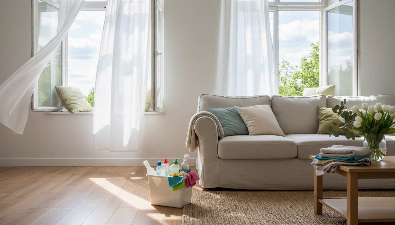 Bright living room mid spring-clean with cleaning caddy and open windows