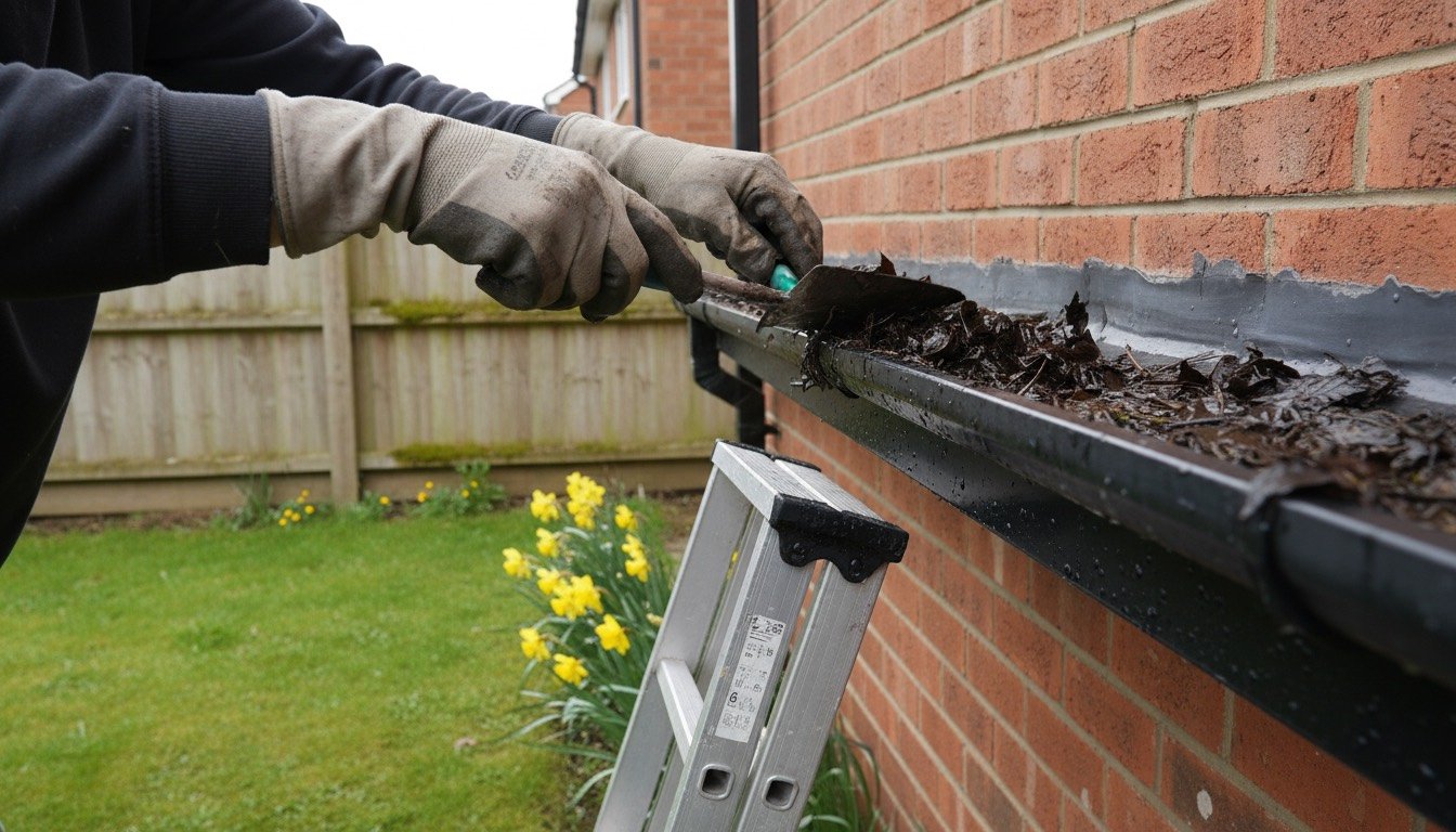 A homeowner clearing wet leaf debris from a black gutter on a red-brick British semi-detached house, with a ladder footed on the lawn below