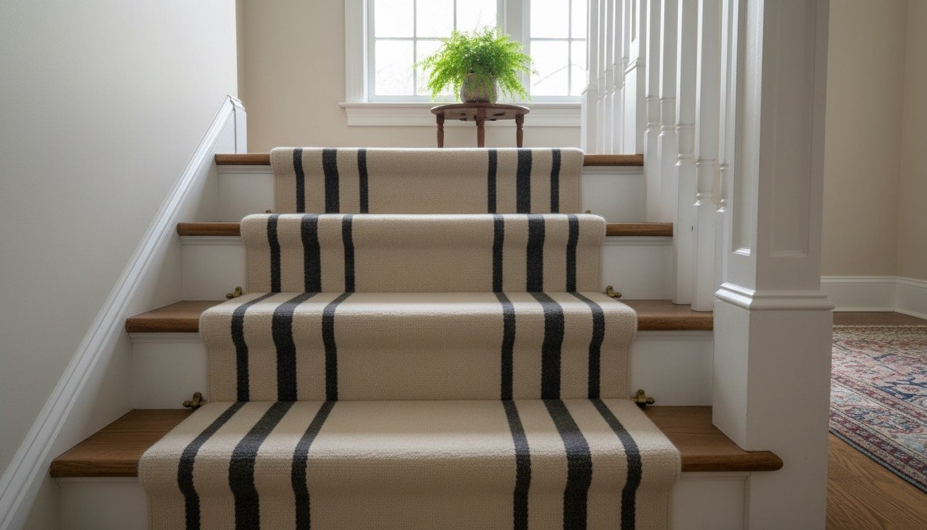 Elegant striped stair runner with brass rods on a painted staircase