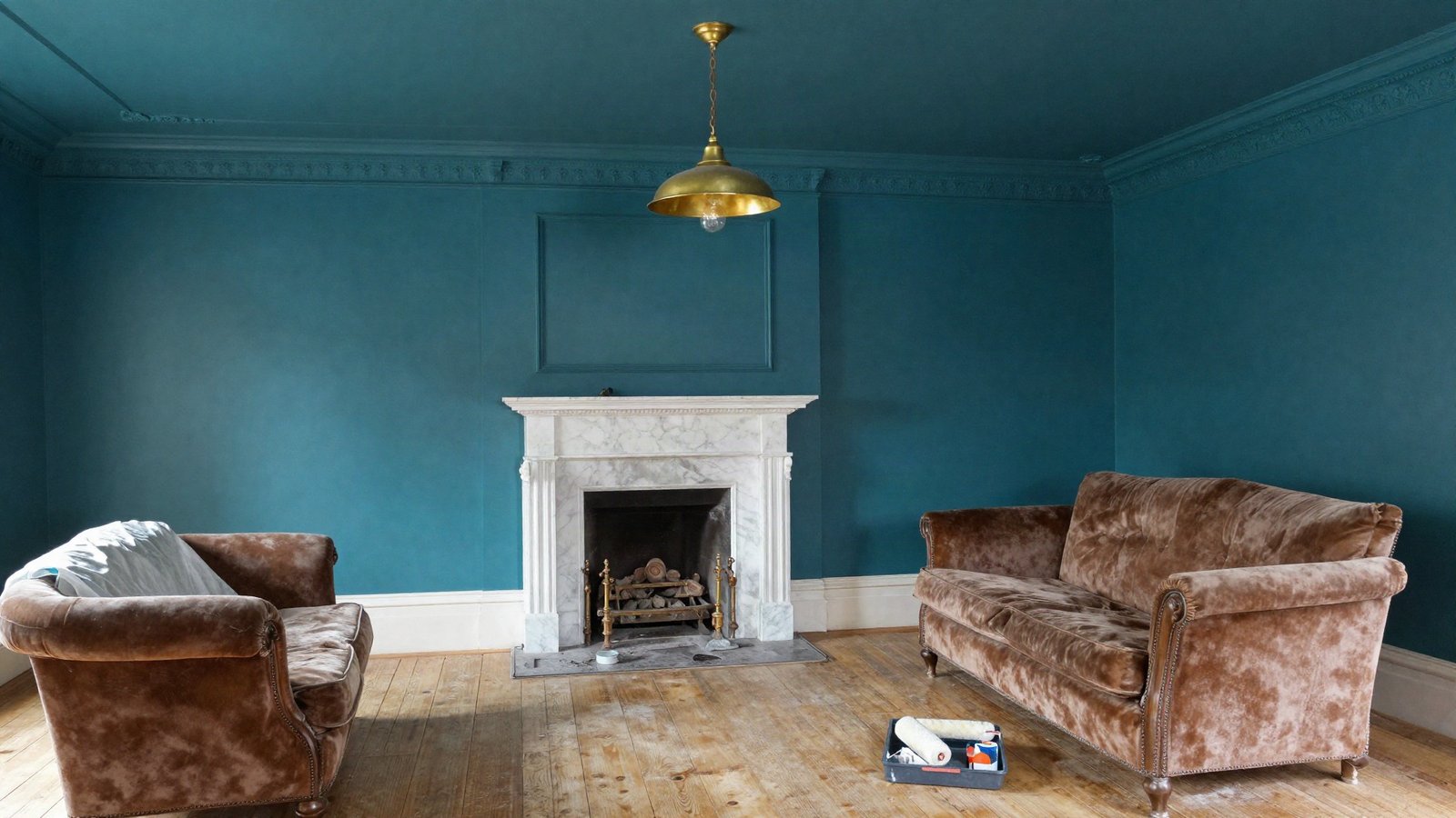 Victorian living room with a deep teal painted ceiling and matching cornice, brass pendant light and sanded floorboards