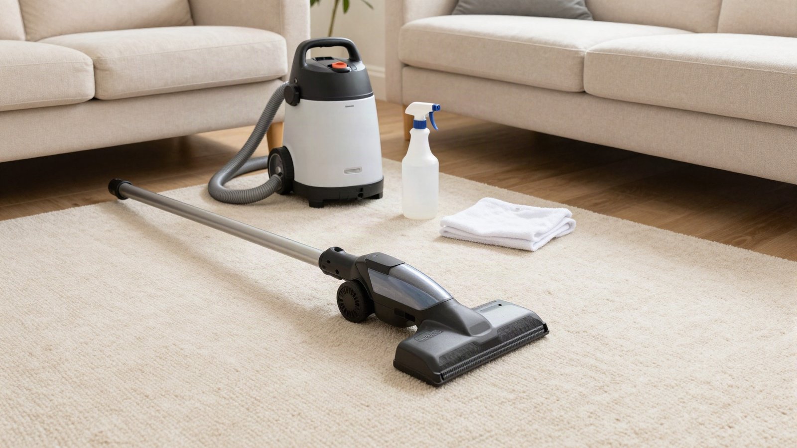 A hot water extraction cleaning wand resting on a beige wool twist carpet in a UK living room, next to a portable extractor machine and a spray bottle
