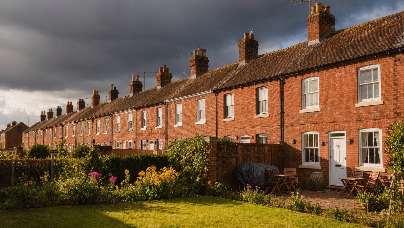 UK back garden prepared for a storm, with stacked furniture, grouped terracotta pots and dark clouds overhead