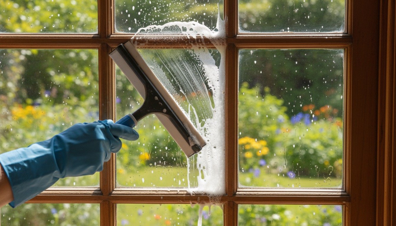 Squeegee pulling a clean stripe down a sunlit sash window