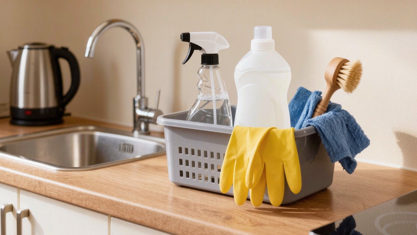 A caddy of budget cleaning supplies including spray bottles, microfibre cloths and a scrubbing brush on the worktop of a small rented flat kitchen