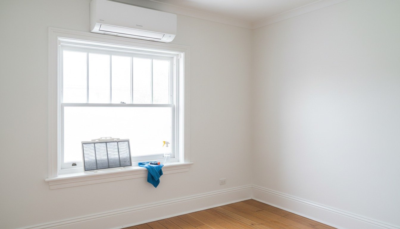 Wall-mounted split air conditioning unit in a UK bedroom with its front panel open and the mesh filter removed for cleaning