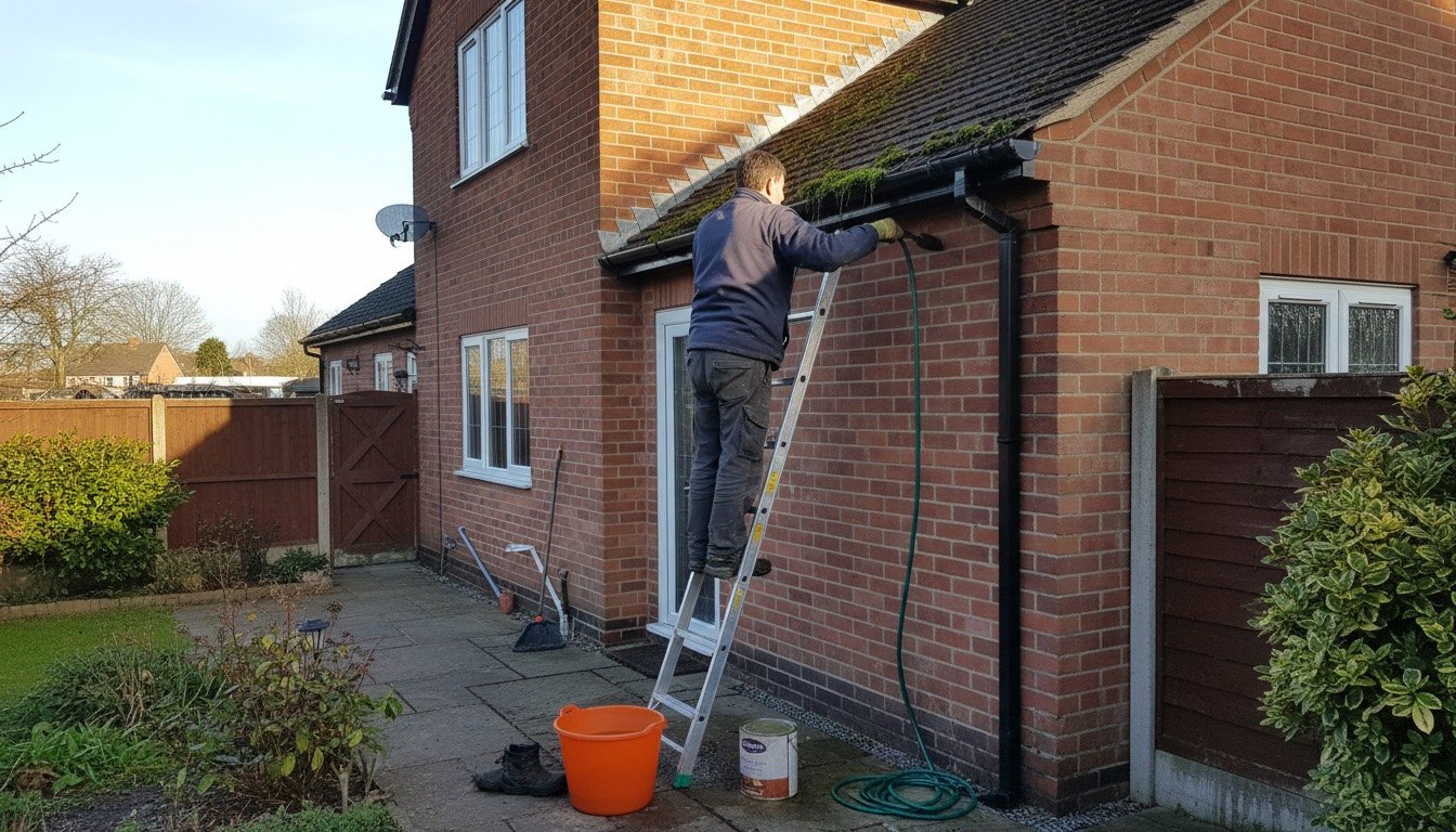 A homeowner clearing leaves from the guttering of a red-brick British semi-detached house on a dry summer morning