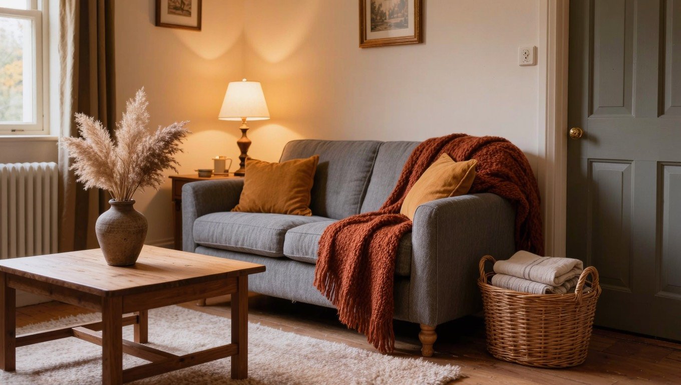 Grey sofa with a rust knitted throw and ochre cushions beside a warm-glowing table lamp and dried grasses in a stoneware vase, mid-way through a summer to autumn decor switch