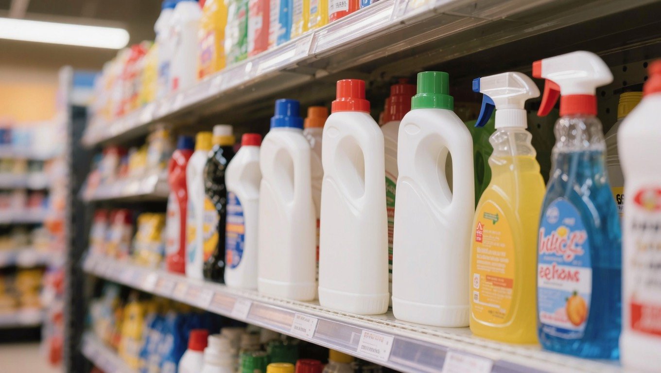 Row of unlabelled cleaning spray bottles, thin bleach and microfibre cloths on a UK kitchen worktop beside a stainless steel sink