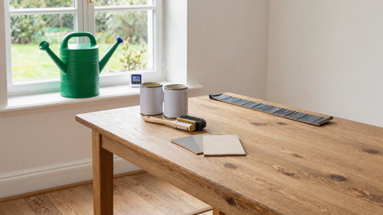 A UK kitchen-diner with cork flooring samples and low-VOC paint tins on a reclaimed timber worktop, a water butt visible through the garden window