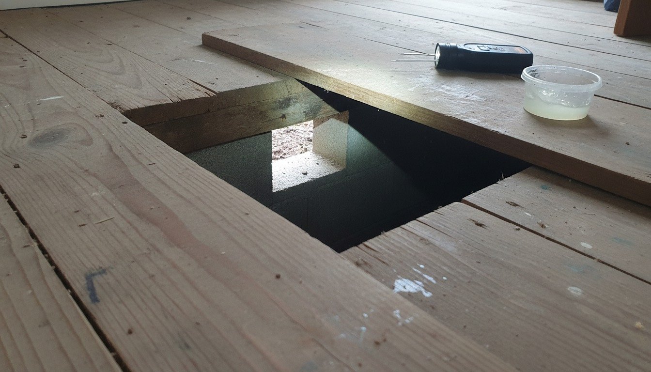 Torchlit subfloor void beneath a 1930s British semi showing joist ends, an open airbrick and a pin-type moisture meter resting on lifted floorboards