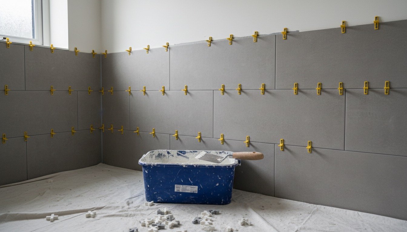 A part-tiled UK bathroom wall with tile spacers, a notched trowel and a bucket of adhesive on a dust sheet
