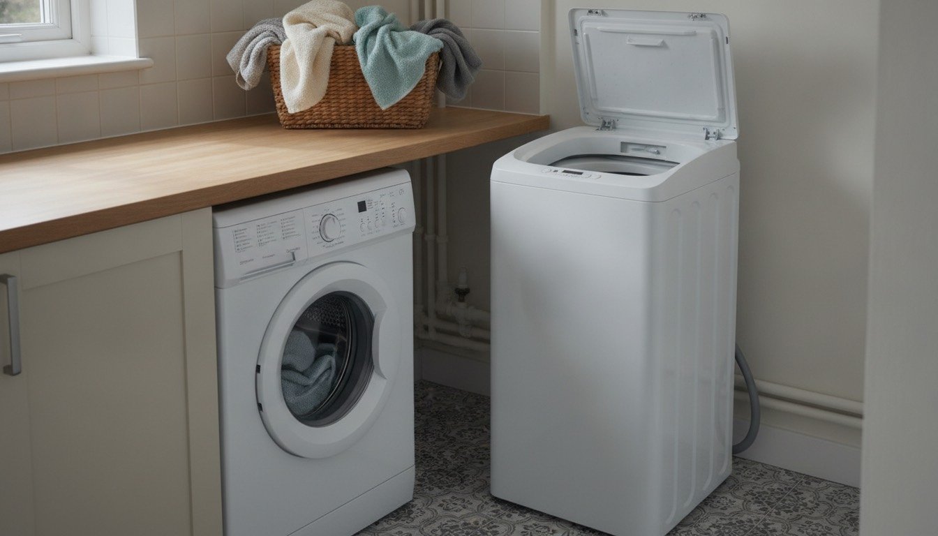 A slimline top-loading washing machine with its lid open next to a standard front-loading machine under a wooden worktop in a small British kitchen