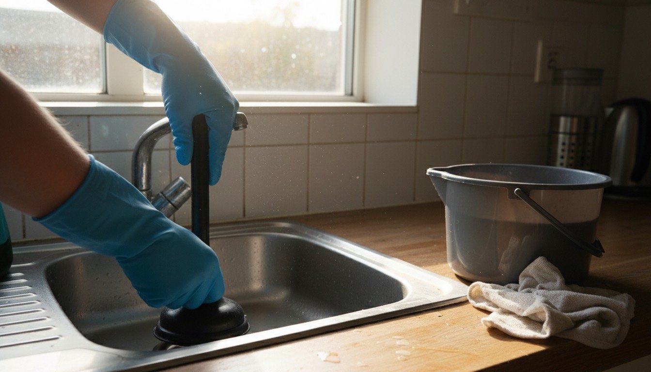 Gloved hands using a plunger on a kitchen sink with sunlight from the window