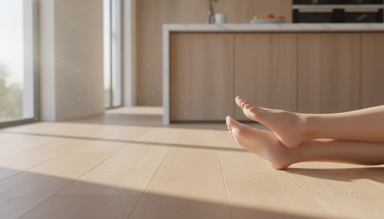 Bare feet on a warm tiled floor in a modern bright kitchen