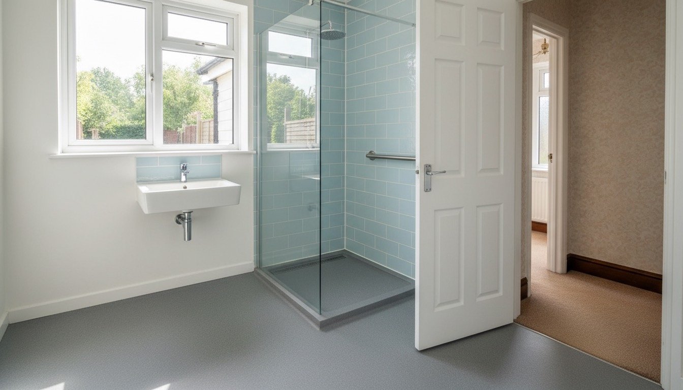 A UK bathroom with a level-access shower, wall-mounted grab rail and slip-resistant vinyl flooring beside a wider internal doorway