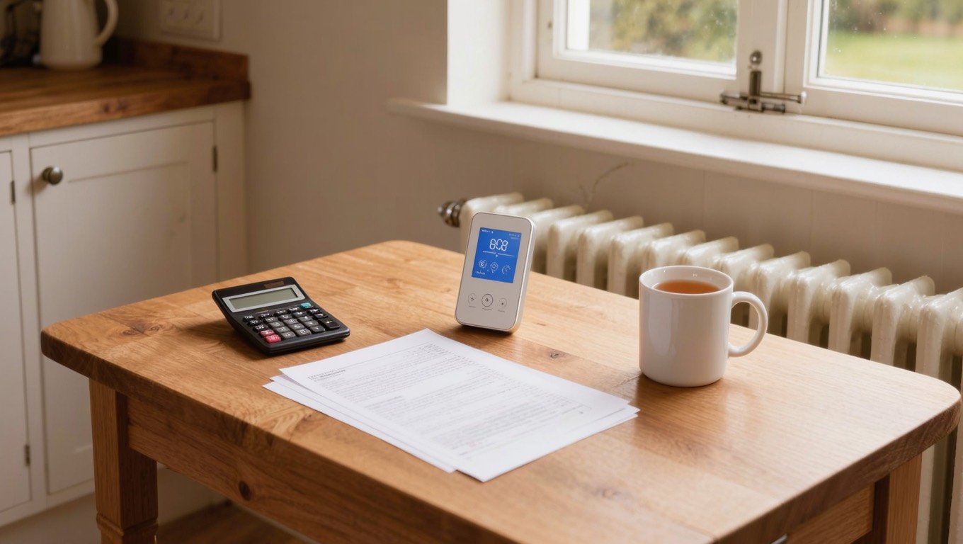 Paper energy statements, a calculator and a smart meter display on a kitchen table in a UK home