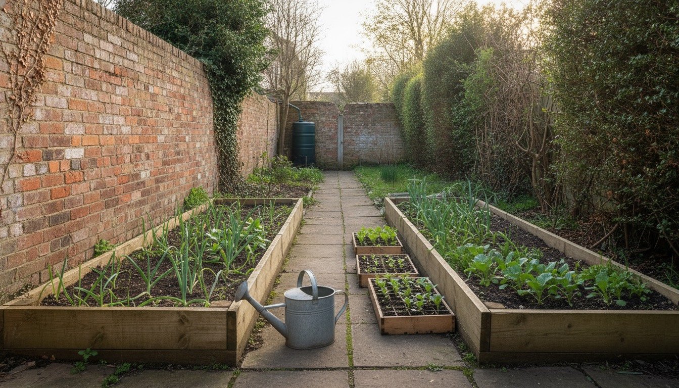 Raised timber vegetable beds against an old red brick garden wall, with seedlings in module trays, a watering can and a fork on the path
