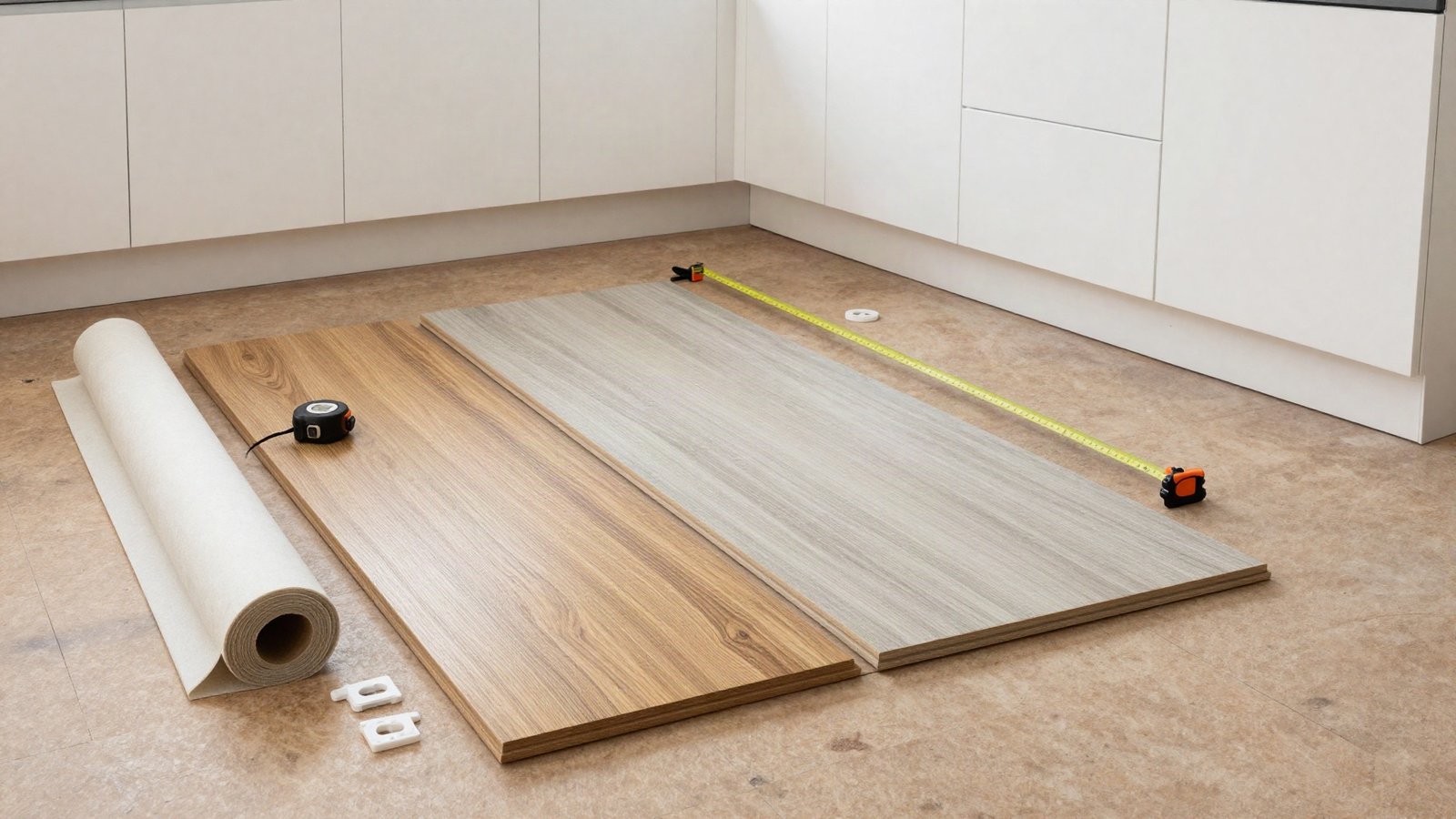 A click-lock laminate board and a stone-composite vinyl plank laid side by side on a bare timber subfloor in a UK kitchen-diner, with spacers, underlay and a tape measure