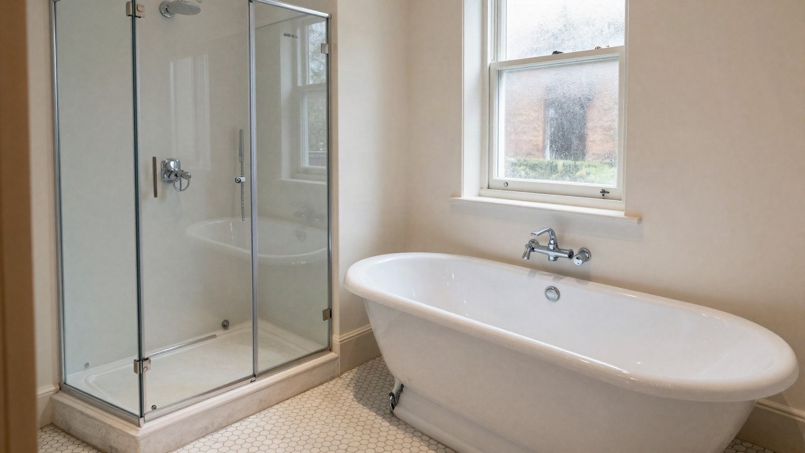 Frameless glass walk-in shower and a white 1700mm bath side by side in a small Victorian bathroom with a sash window