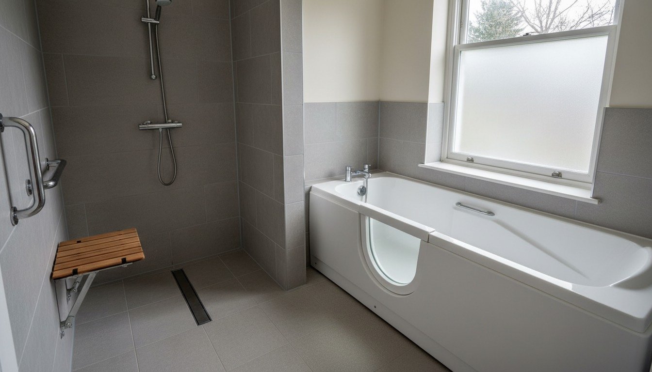 A level-access wet room with a linear drain, folding shower seat and grab rail alongside a white walk-in bath in a UK bathroom