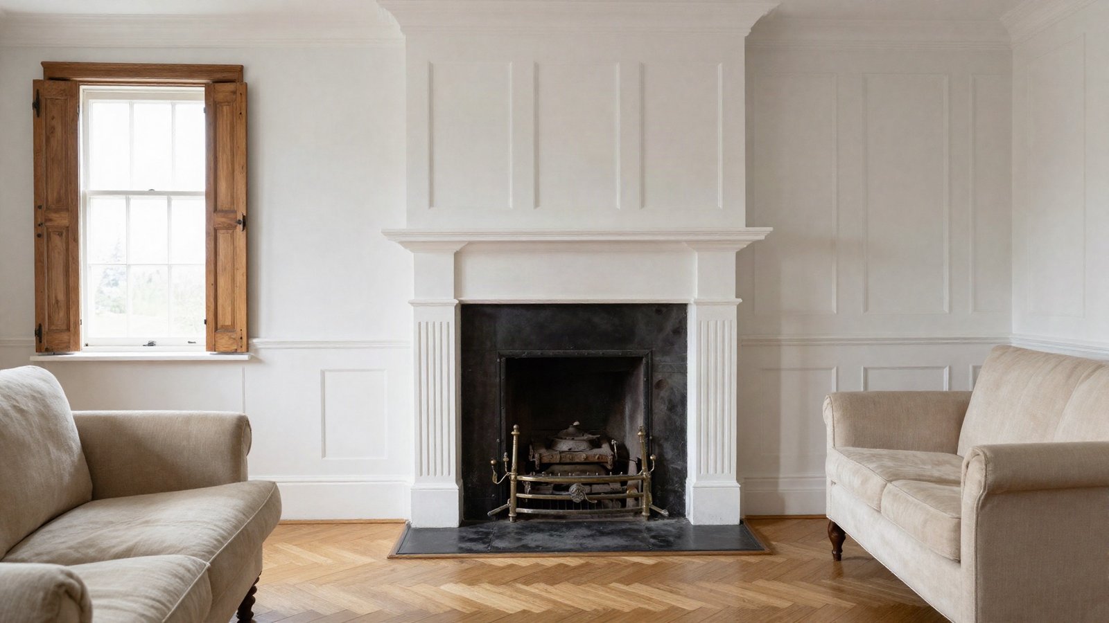 Victorian living room with white shaker-style wall panelling on the chimney breast, deep skirting boards and a cast-iron fireplace
