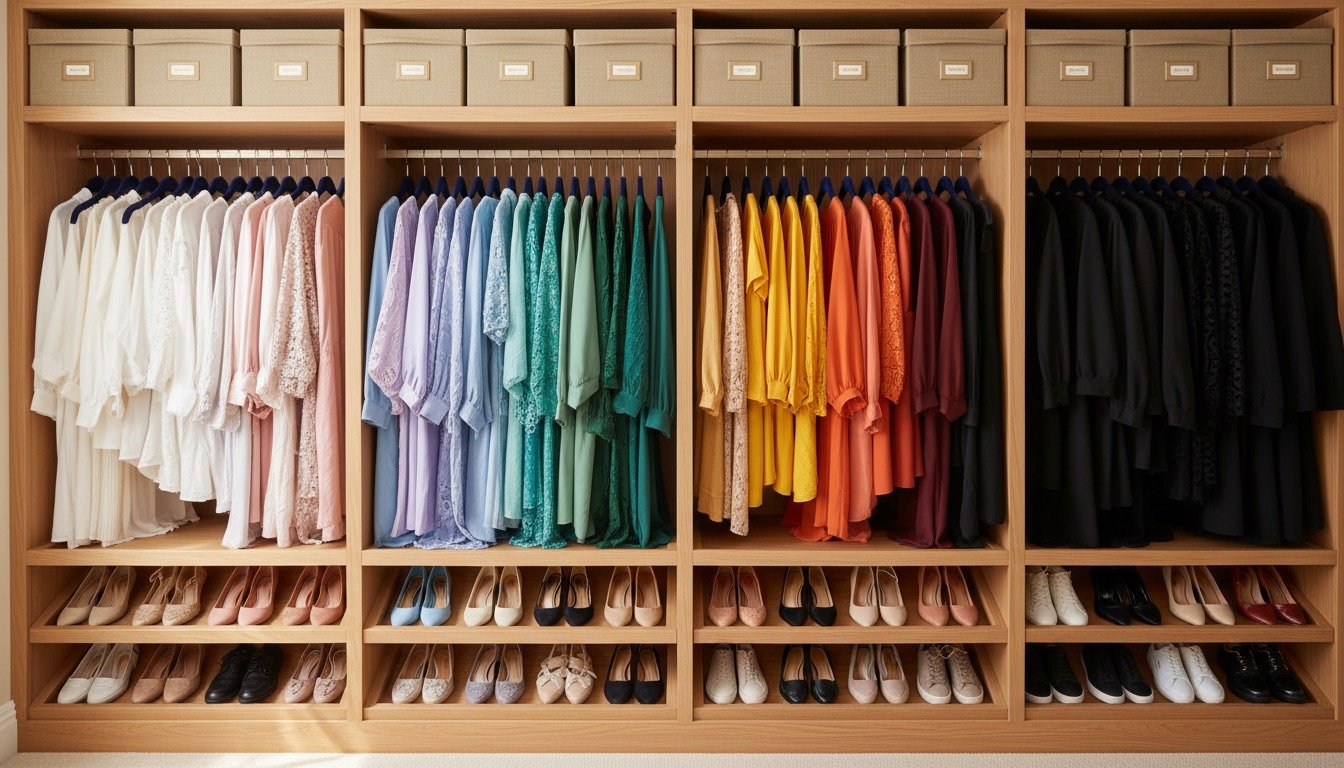 Beautifully organised wardrobe with matching hangers and labelled storage boxes above