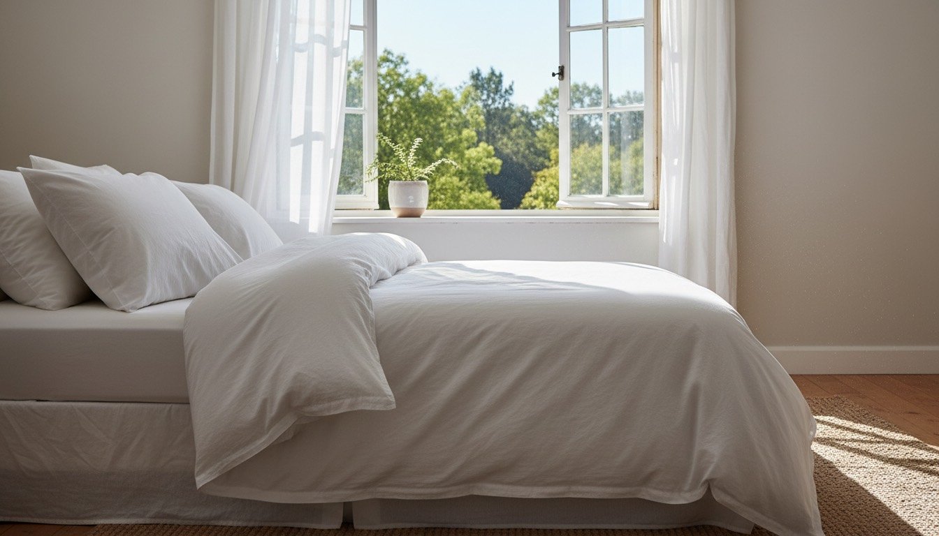 Fresh white duvet and pillows airing on a bed by an open window