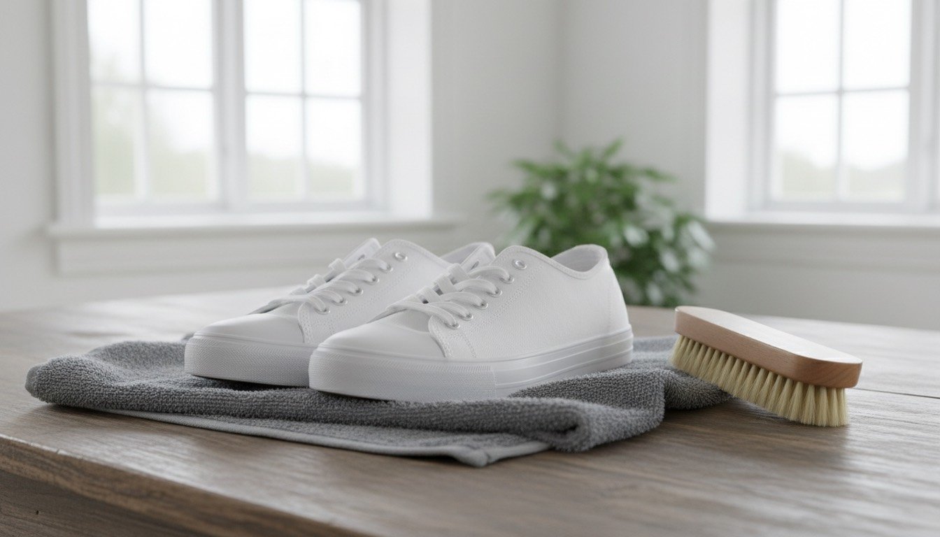 Pair of white trainers freshly cleaned on a towel beside a soft brush