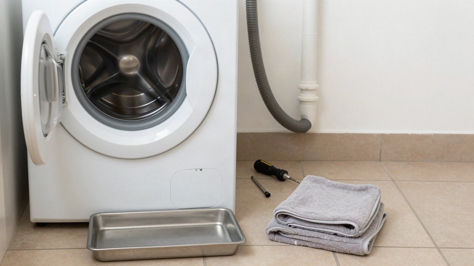 Open filter flap at the bottom of a white front-loading washing machine in a UK utility room, with a shallow tray and folded towels catching drained water