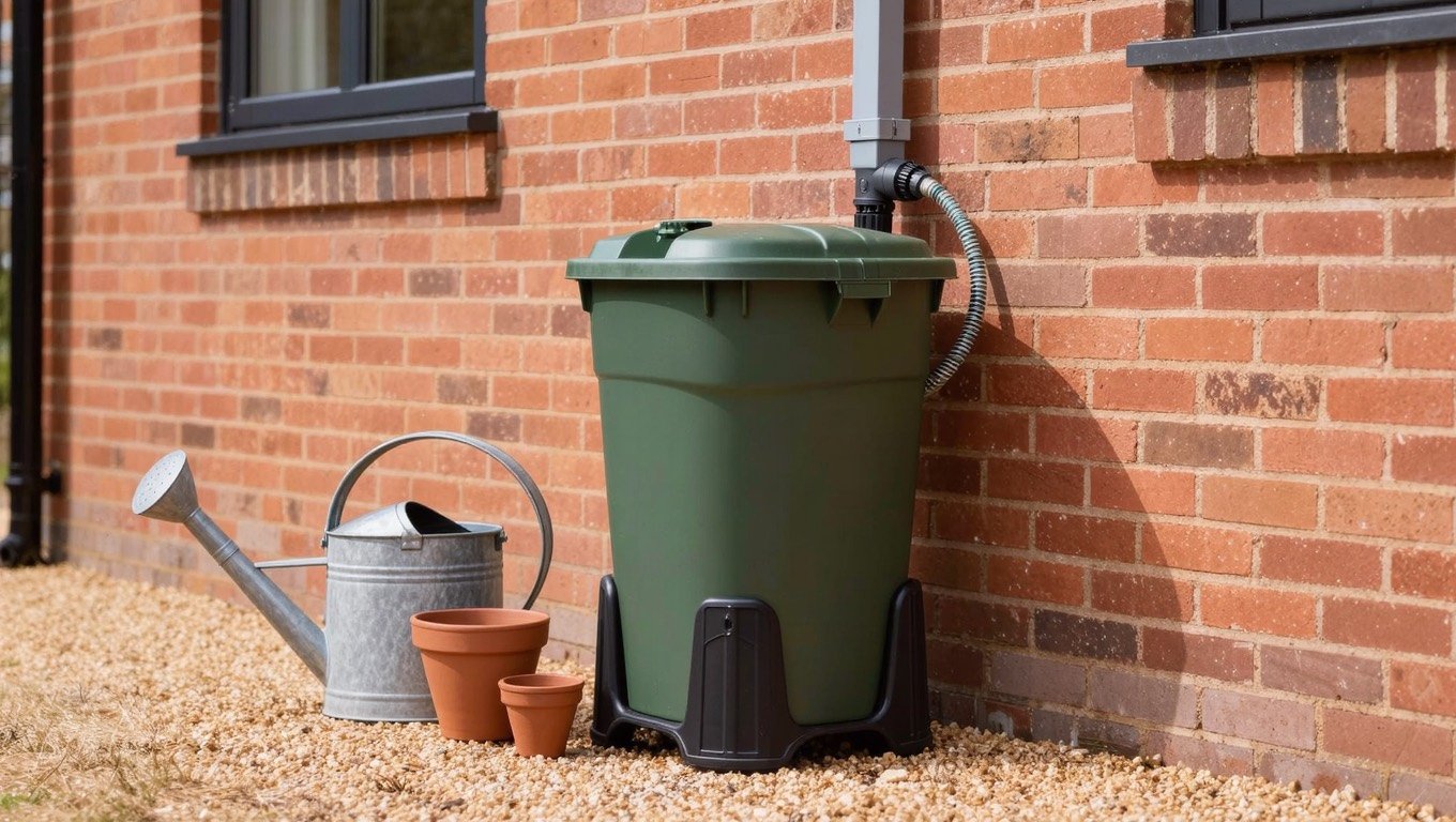 Green water butt on a stand connected to a house downpipe with a rainwater diverter kit