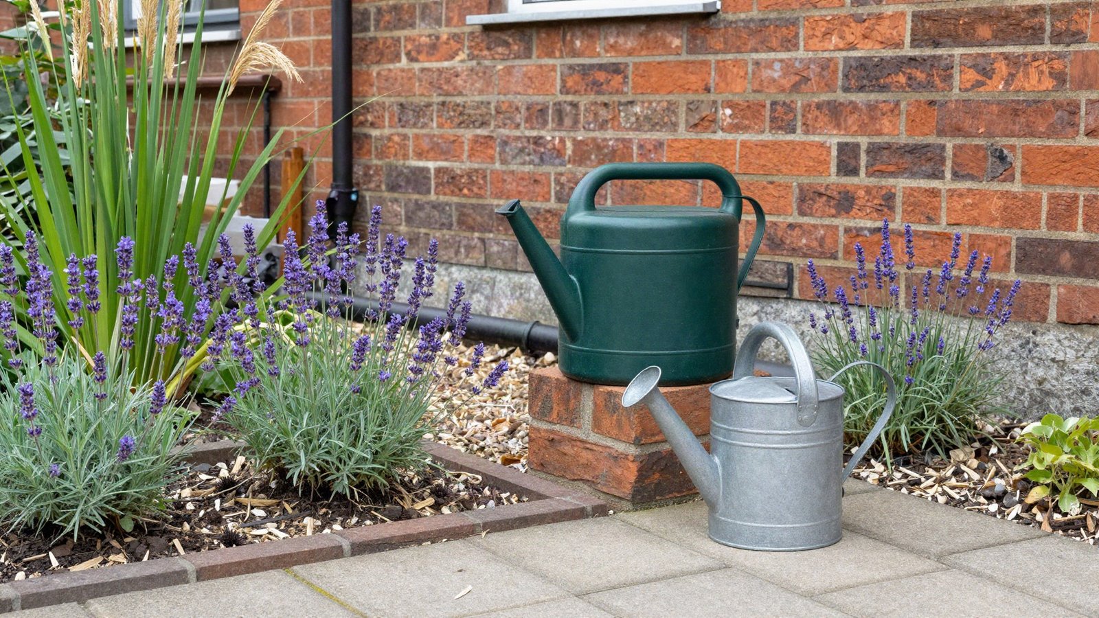 A gravel-mulched UK back garden border with lavender, sedum and ornamental grasses beside a green water butt on a brick paved path
