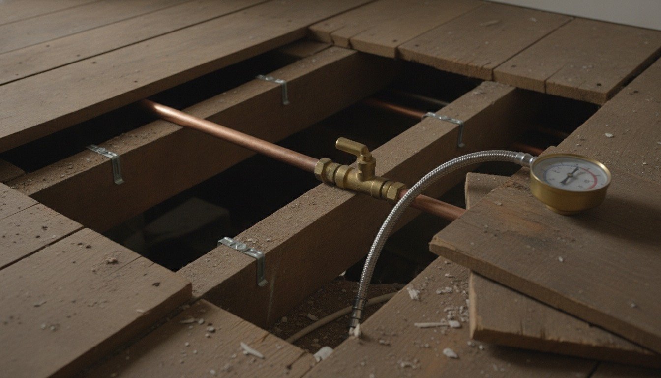 Copper 15mm pipework clipped to a joist under lifted floorboards in a UK home, beside a washing machine isolating valve and braided fill hose