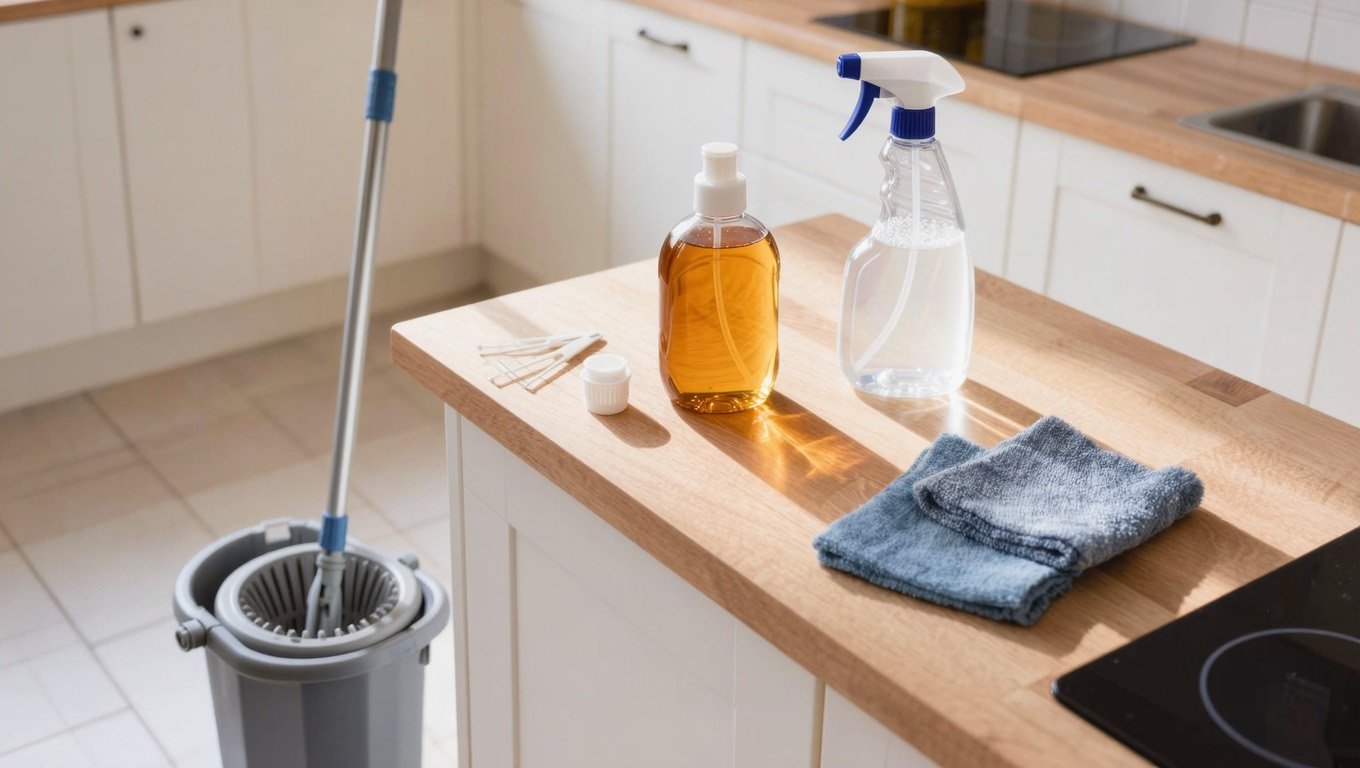 Small amber bottle of concentrated disinfectant with a measuring cap, trigger spray bottle and mop bucket on a UK kitchen worktop