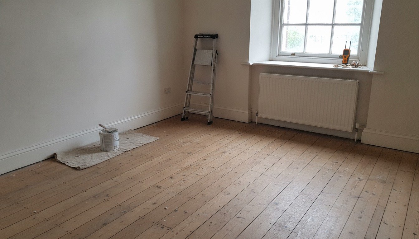 Empty front room of a UK terraced house with bare floorboards, a stepladder, paint tin and a set of keys on the windowsill before moving in