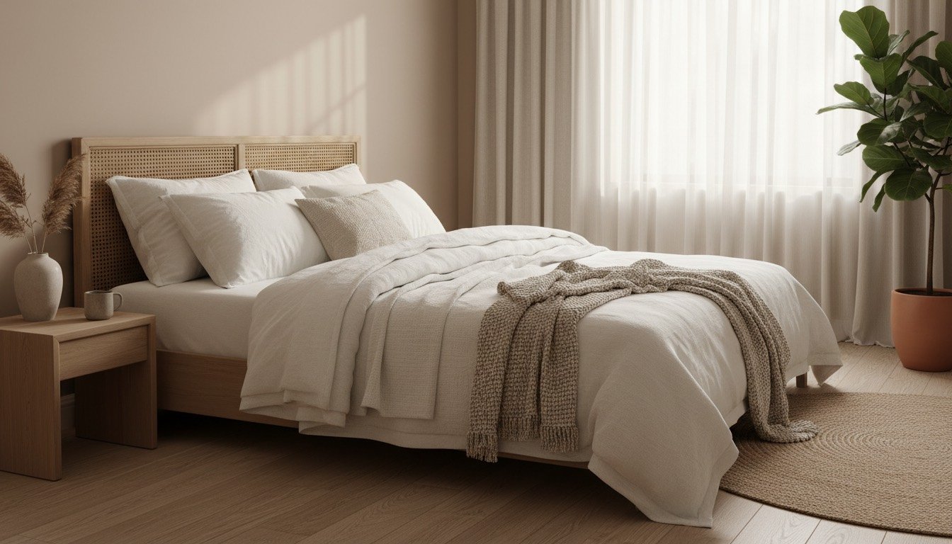 A made-up double bed with a white duvet, plumped pillows and a chunky knitted throw folded across the foot, beside a curtained bedroom window