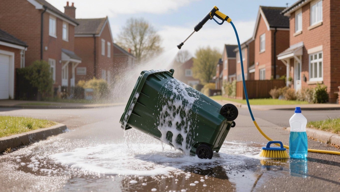 Dark green wheelie bin tipped on its side being cleaned with a long-handled brush and bucket of soapy water in a brick-walled UK backyard