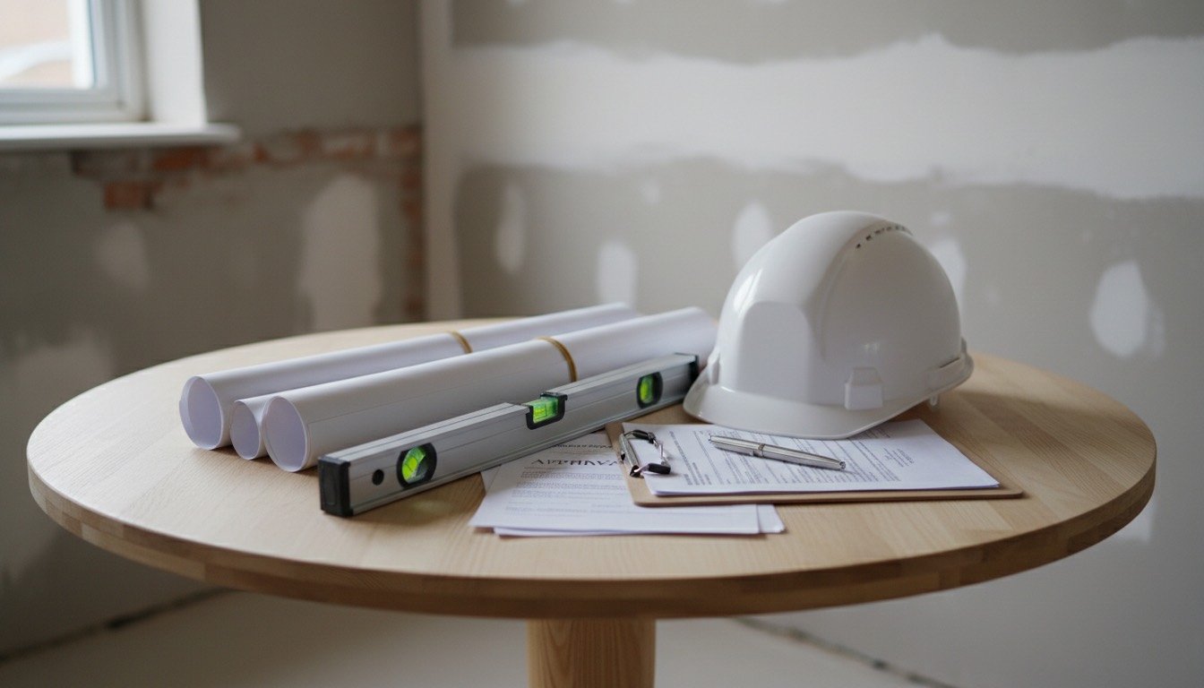 Rolled architectural drawings, a spirit level and a white hard hat on a kitchen table in a UK home mid-renovation