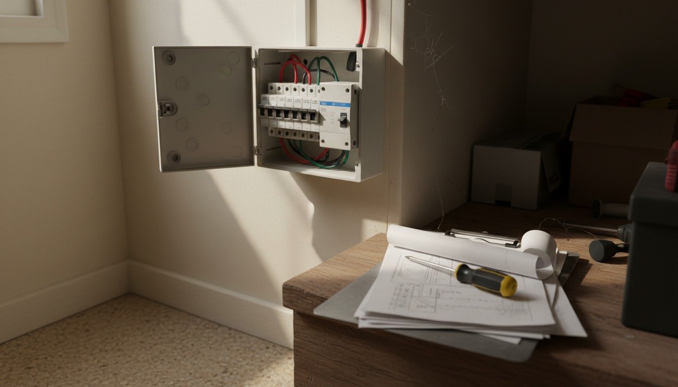 An open consumer unit in a UK understairs cupboard with labelled circuit breakers and an RCD, paperwork on a clipboard resting nearby