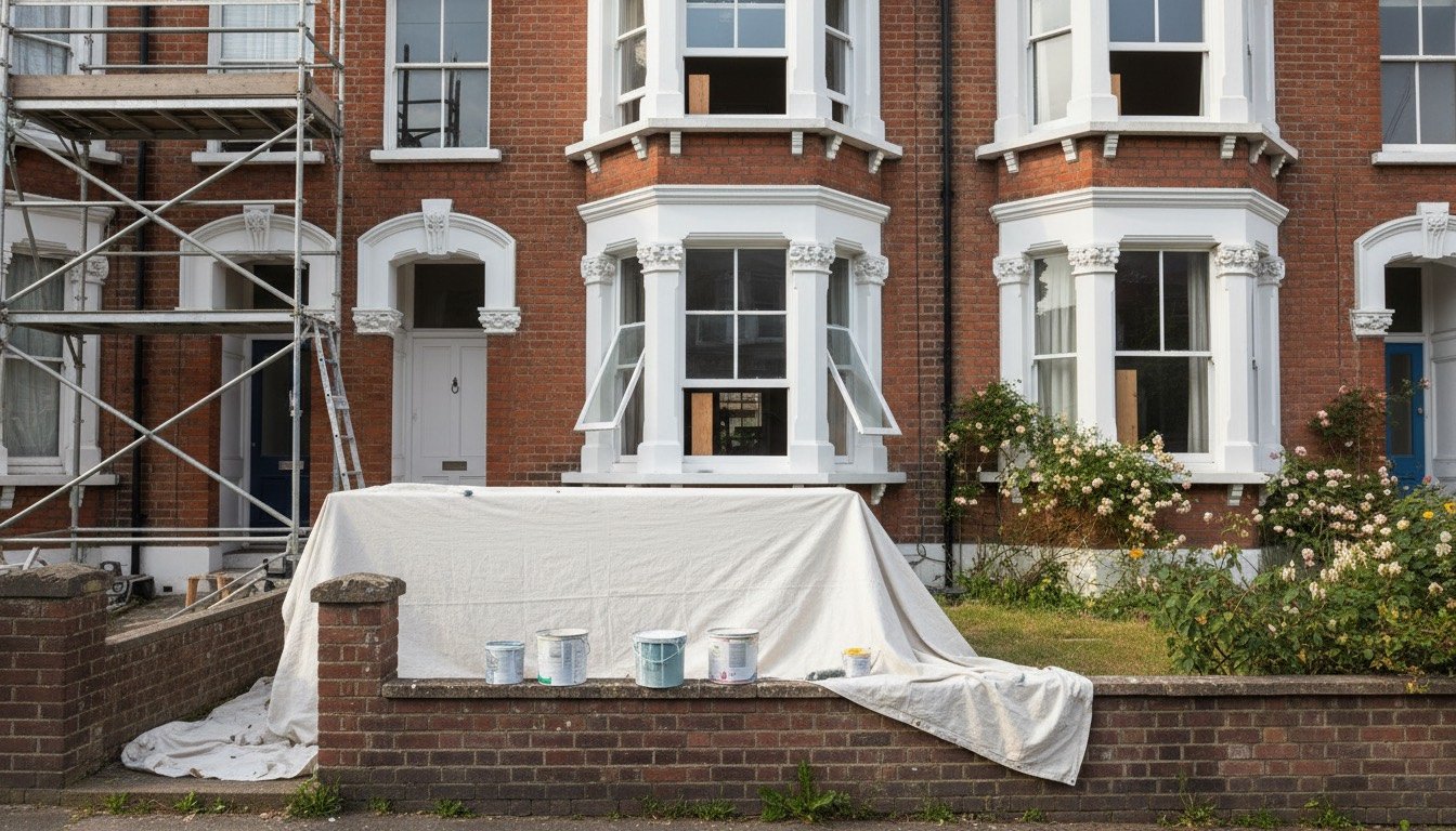 A Victorian terraced house being repainted on a dry spring morning, with timber sash windows propped open and paint tins standing on the low front garden wall.