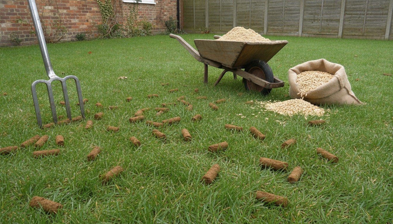 Soil cores scattered across a damp autumn lawn beside a hollow-tine fork and a barrow of sandy topdressing in a British back garden