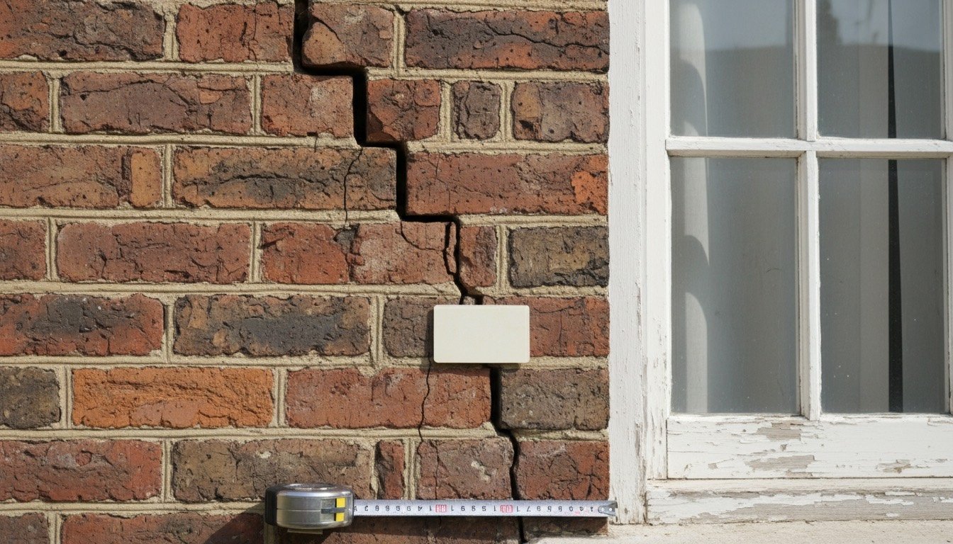 A stepped crack running through the mortar joints of a Victorian brick wall beside a sash window, with a crack width gauge held against it