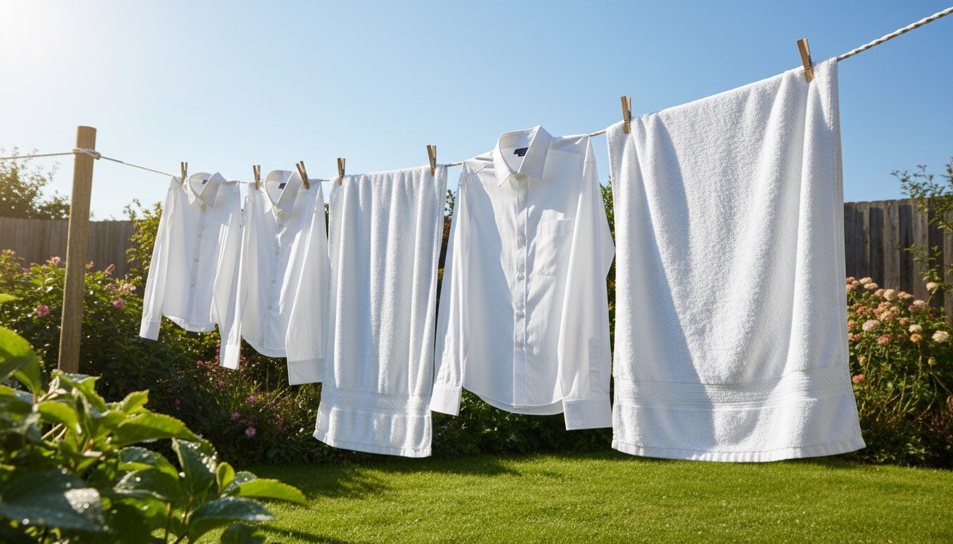 Crisp white shirts and towels drying in sunlight on a washing line
