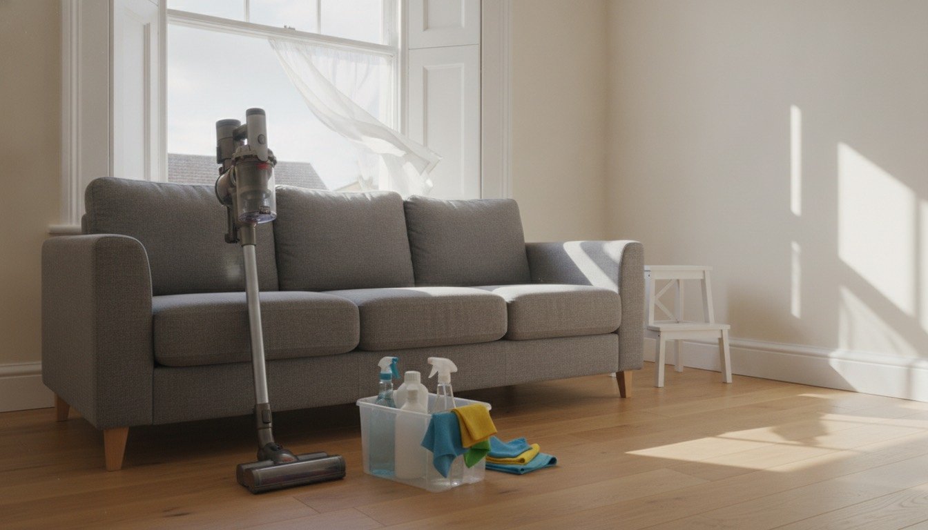 Cleaning caddy with spray bottles and microfibre cloths beside a cordless vacuum in a bright UK living room