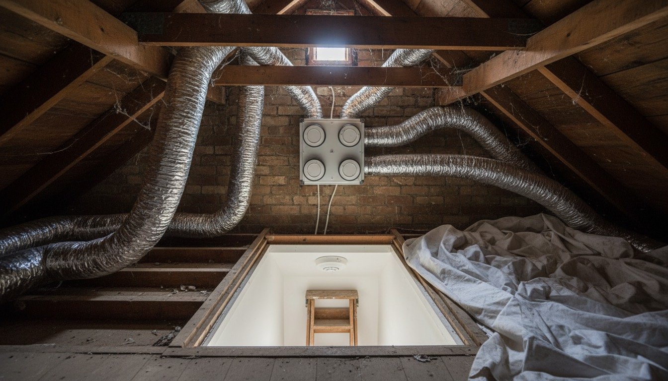 Insulated ventilation ducting and a heat recovery unit installed in the loft of a British semi-detached house, with an extract valve in the landing ceiling below