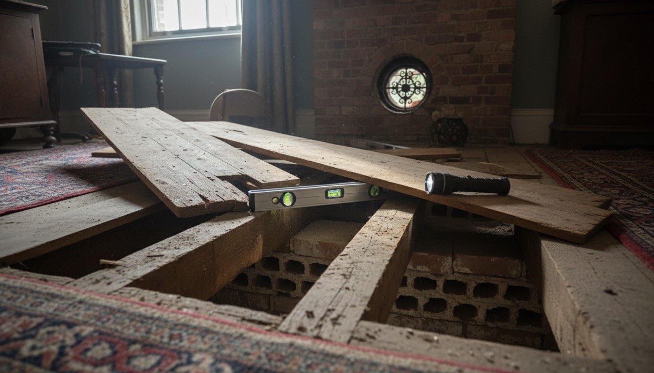 Lifted floorboards in a Victorian terrace revealing timber joists, a sleeper wall and a spirit level resting across the opening