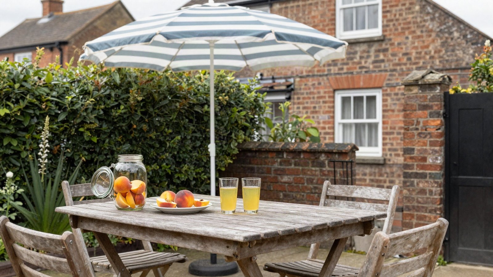 Garden table set with jam, sliced fruit and glasses of squash under a parasol in a UK back garden in late summer