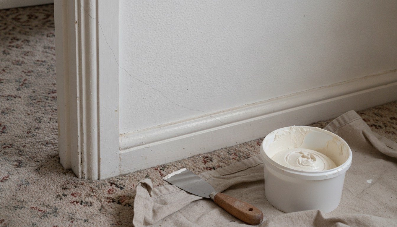 A hairline crack running from the corner of a door frame across a painted plasterboard wall in a UK home, with a filling knife and tub of filler on the floor below